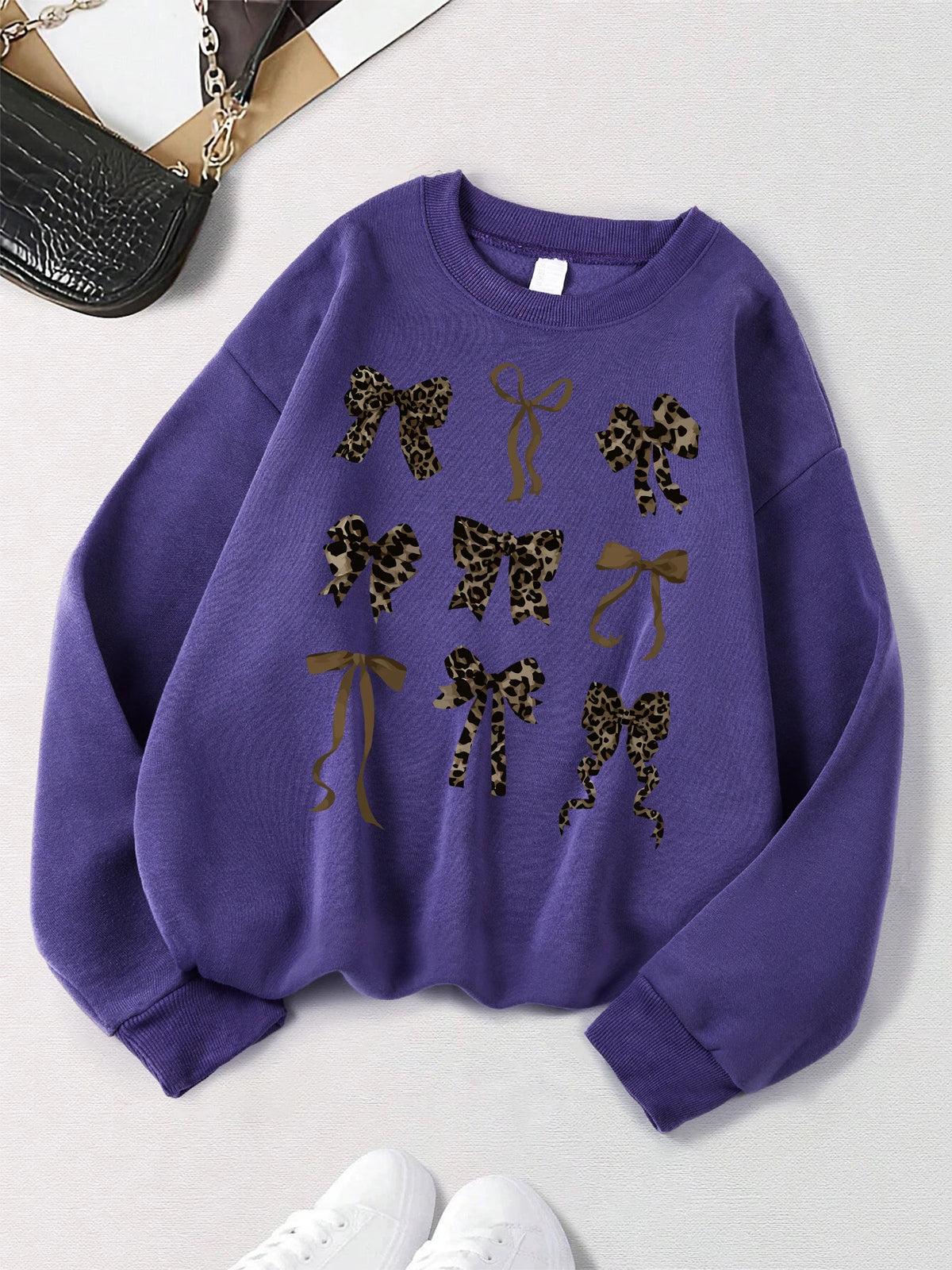 Retro Leopard Print Bow Printed Women Hoodies All-Match Comics Hoody Fleece Casual Clothes Street Hip Hop Pullover Woman