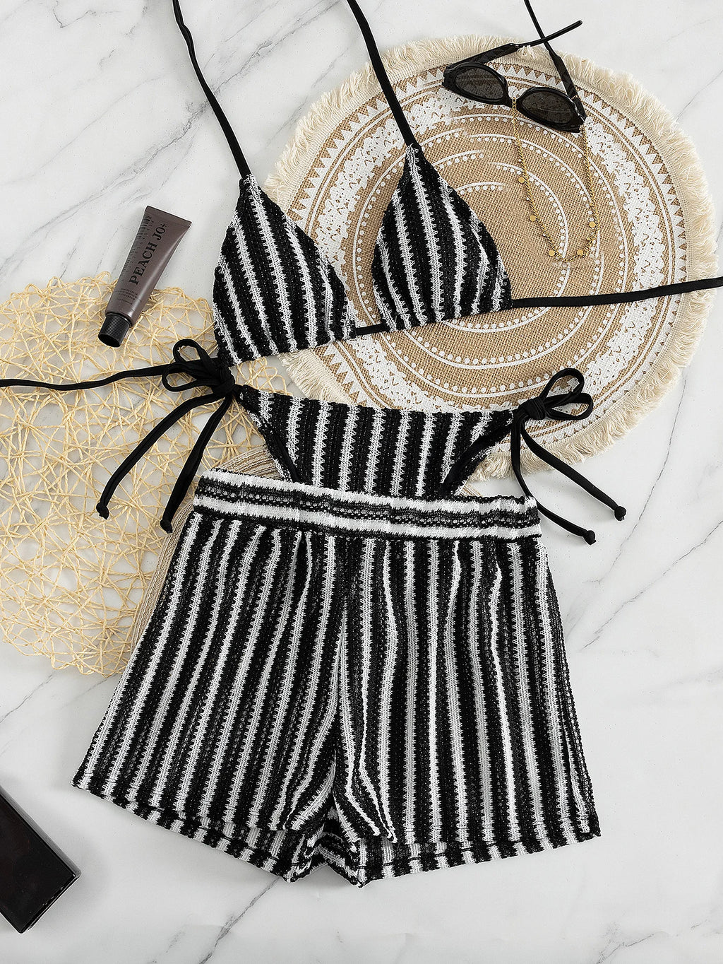 Women's Black and White Striped 3 Piece Swimwear Set, Halter Triangle Bikini Top with Cover Up Shorts for Beach