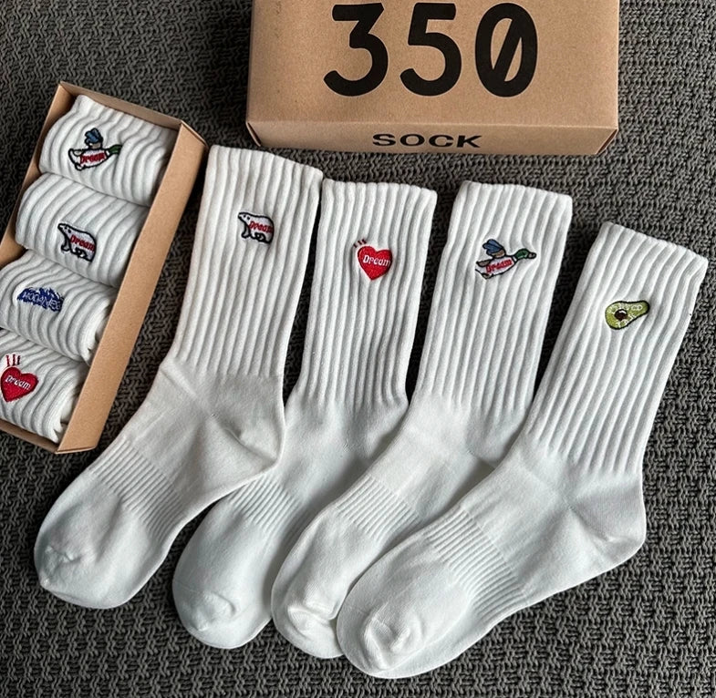 4 Pairs/Box Women's Socks Gift Box Spring Summer Fashion Embroidery Free Shipping Items Funny Gifts Black Middle Tube Socks