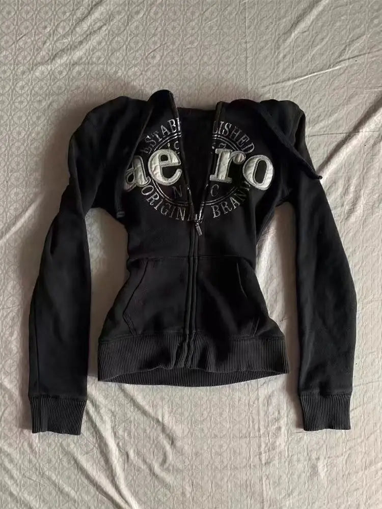 Vintage Letter Graphic Punk 2000s Girl Y2k Hoodie Zip-up Korean Sweet Cropped Slim Sweatshirts Casual Female Blusas Goth Hooded