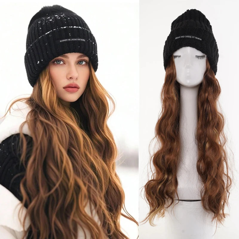 Synthetic Hat Wig for Women Girls, 22 Inch Long Wavy Integrated Wig with Black Knit Beanie Hat, Winter Daily Wear Hair Accessory