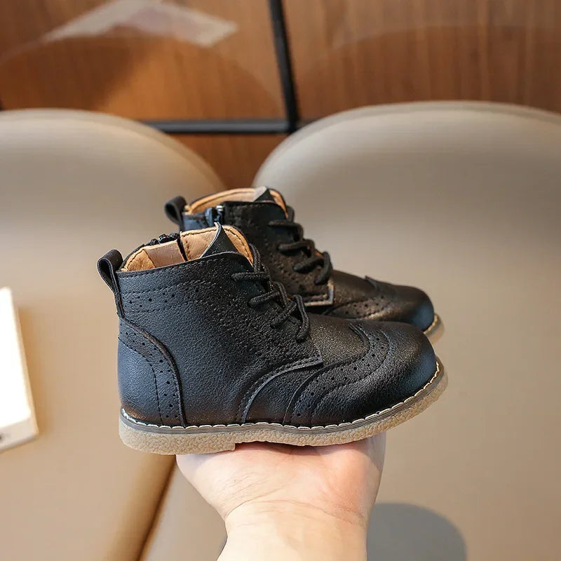 Children Boots 2025 Autumn Kids Soft PU Leather Boots Brogue Style Lace-up Side Zip 1-6 Years Girls Boys Ankle Boots Brown,Black