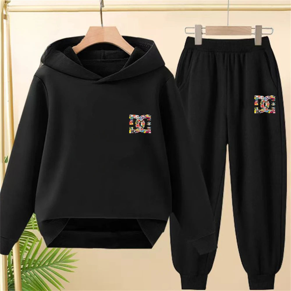 Children's hoodie 3-12 years girls pink boy black tops+pants set leisure sweatshirt printing fashion Kids autumn clothing