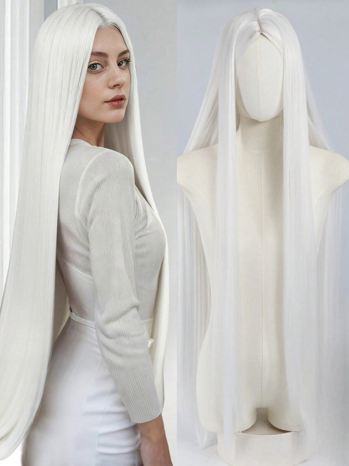 Women's center-parted natural straight white wig suitable for everyday wear and Easter or Halloween costumes Synthetic fiber wig
