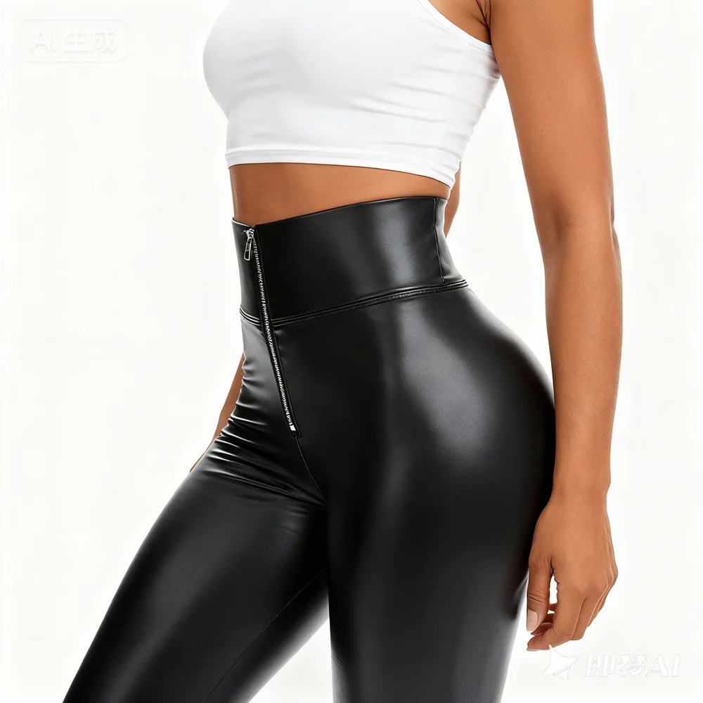 Women High Waist Tummy Control Butt Lift PU Leather Leggings Outwear Skinny Pants Casual Trousers Streetwear