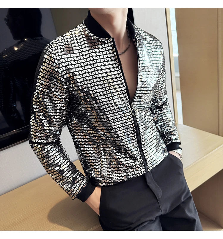 Jas Men's New Diamond Plaid Jackets Men Hip Hop Y2K Bombers Jacket Night Club Stage Streetwear Thin Coat Clothing Veste Homme