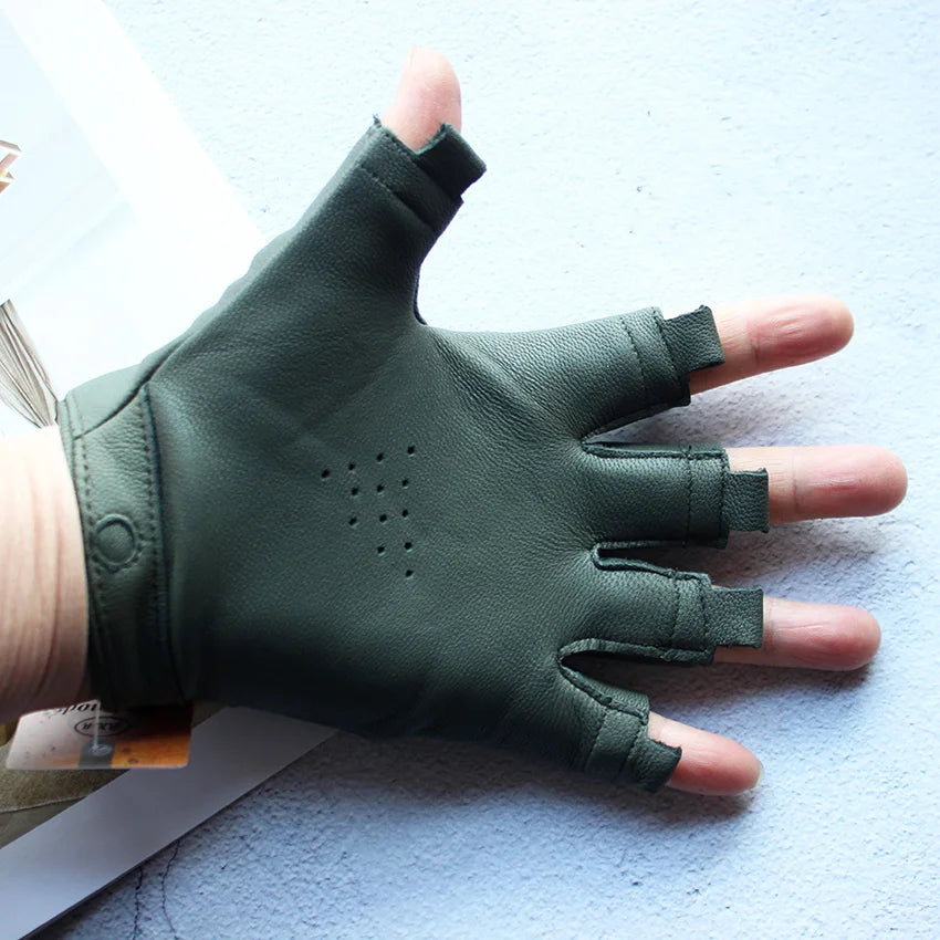 Men's Summer Driving Gloves Goat Leather Half Finger Thin Outdoor Sports Fashion Military Green Motorcycle Riding Outdoor Gear
