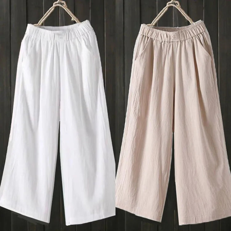 Pure Cotton Wide Leg Pants Women's Summer Loose Mom Large Size Cotton Nine Points Casual Pants High Waist Straight Cut Trousers