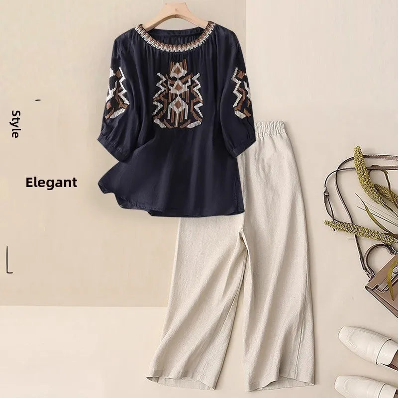 Fashionable Retro Linen Top And Pants Set for Women High End Cotton Linen Two Piece Suit Summer New Arrival Elegant Momwear