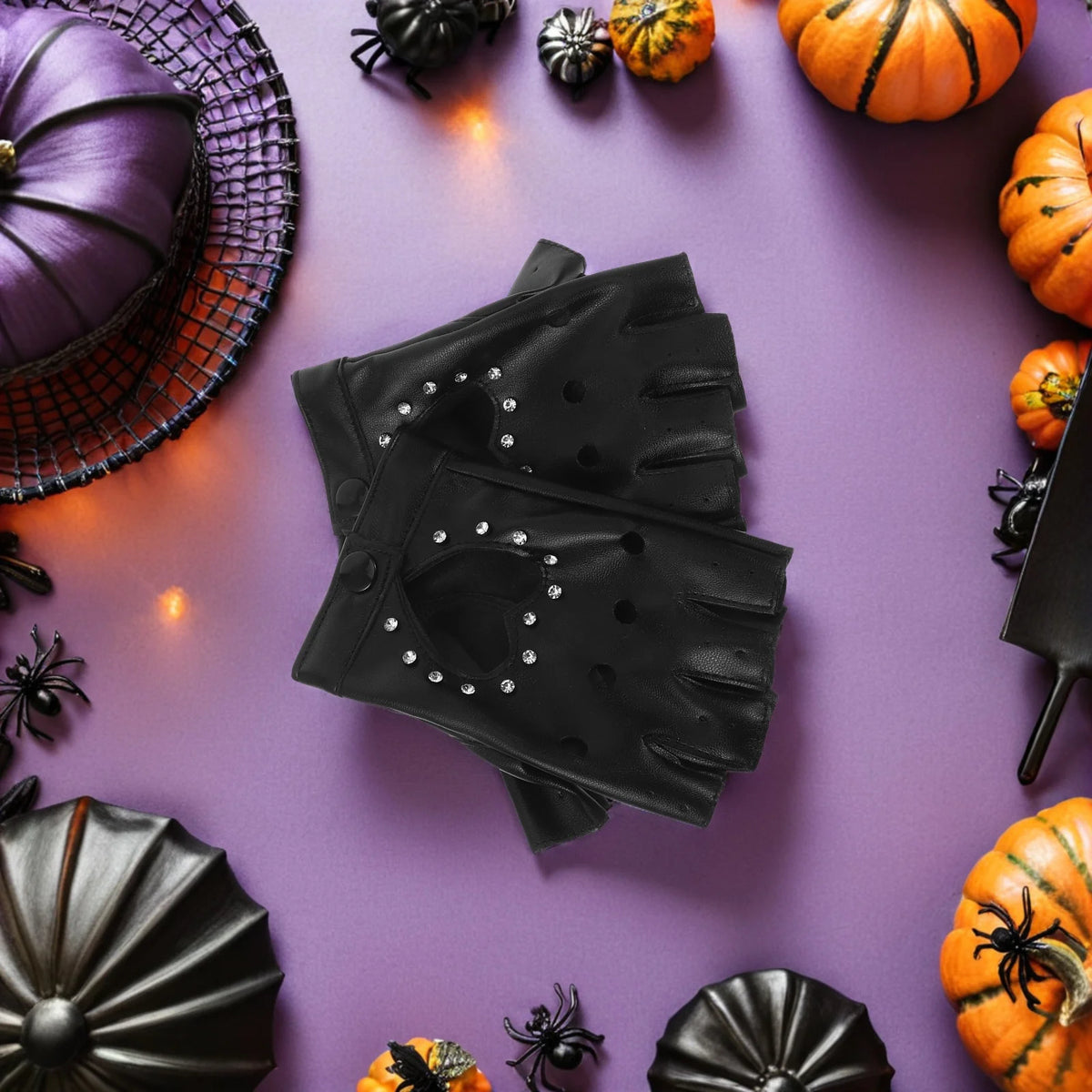 Children Dance Gloves: Kids Fingerless Black Gloves Heart Cutout Sparkly Design Pu Costume For Halloween Party Performance