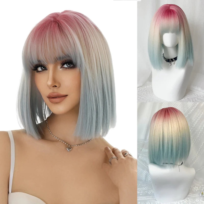 The Woman with a Wig Has a One-Cut Gradient Rainbow-Colored Bob Hairstyle, a Full Head Cover, and Short Collarbone Hair