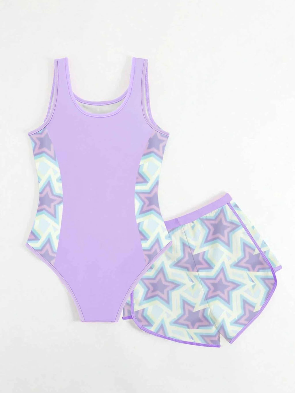 Sweet & Cool Two-piece Swimsuit for Girls, Gradient Pink & Purple with Cartoon Idol Print, Tank Top Style Swimwear with Shorts,