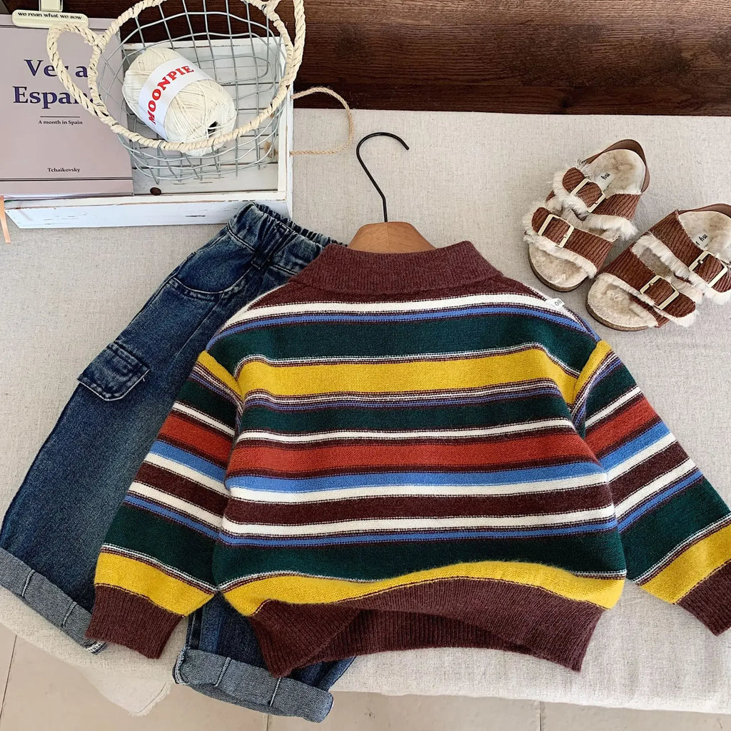 Children's Sweater Autumn Boys' and Girls' Korean Version Collar Striped Knitted Sweater Rainbow Top Trendy Kids Clothes