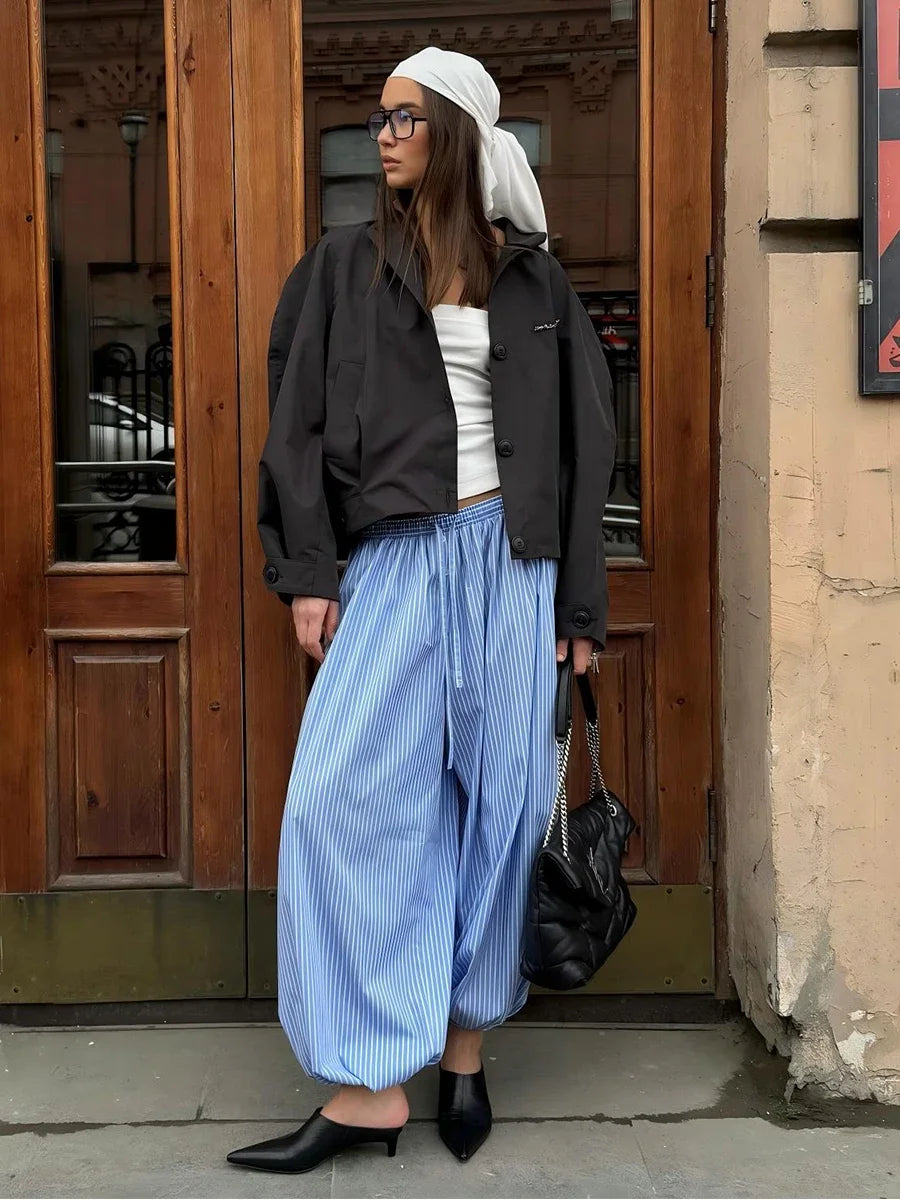 Wolfeel Summer  New Women's Cotton Thin Striped Baggy Lantern Pants  Fashion Elastic Waist Casual Streetwear Trousers