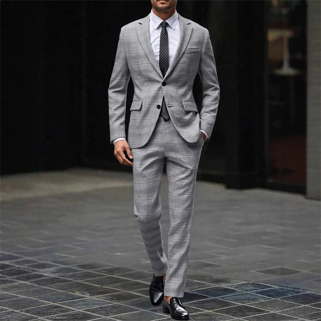 Men Suits  Two Pieces Blazers Ankle Length Straight Pants Plaid Blazer Zipper Fly Business Spliced Summer Office Male 2026