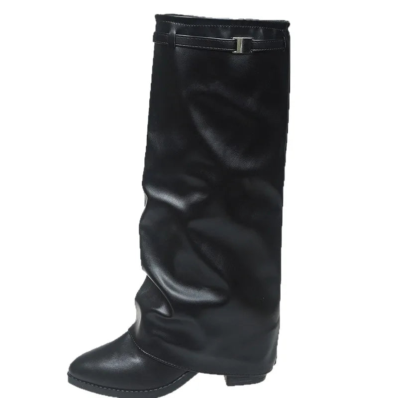 Women's Boots 2026 New Pointed Toe Long Tube Boots Metal Buckle Chunky Heel Pants Boot Women's Fashion Winter Boots Large Size
