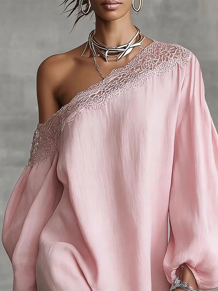 Elegant Lace Trim Mini Dress For Women Off Shoulder Long Puff Sleeves Fashion Date Night Evening Short Dresses Vestidos