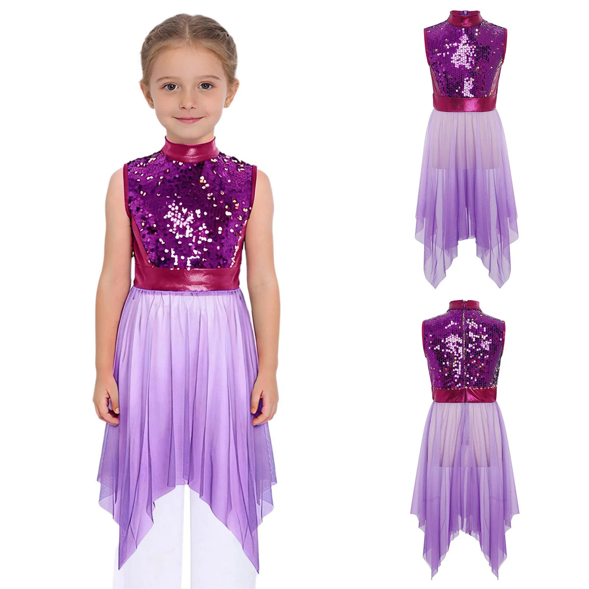Kids Girls Modern Lyrical Dance Dress Liturgical Worship Praise Church Choir Robe Shiny Sequins Bodice Sheer Mesh Tunic Dresses