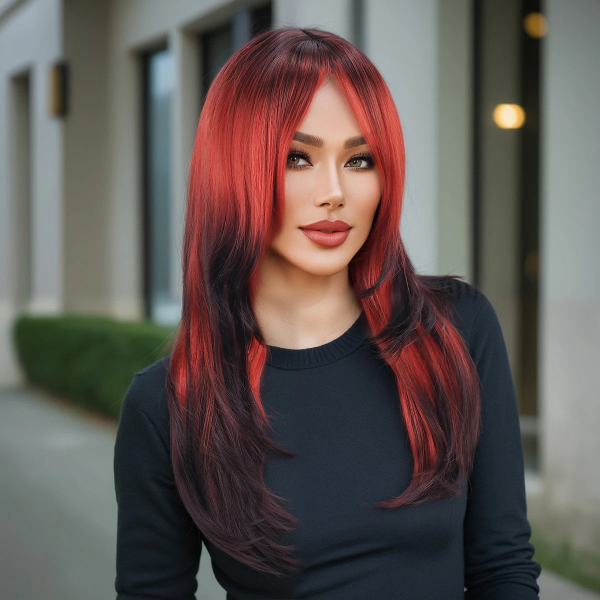 Wig for Women, Full Headpiece, Halloween Style, Middle Parting Bangs, Straight Hair Synthetic Fiber Wig