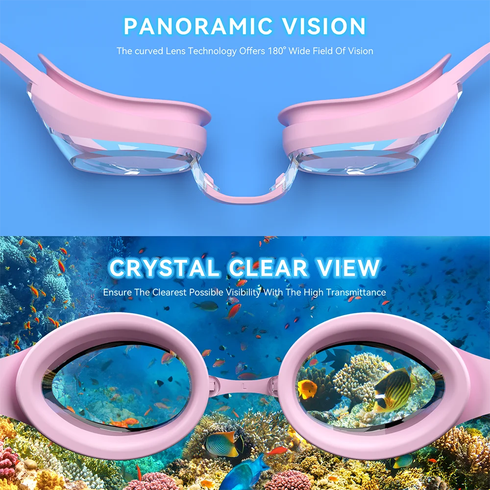 Kids Swim Goggles Swimming Eyewear Glasses Quick Adjustable Strap Anti-fog&Leak Replaceable Nose Bridge Girls Boys With Age 3-14