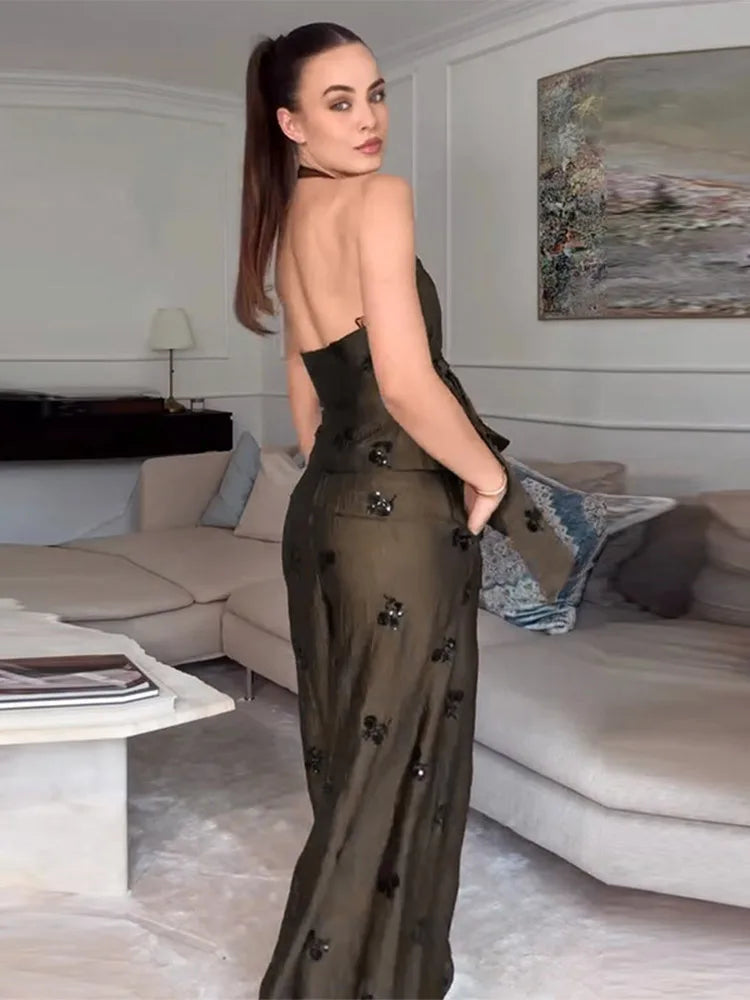 Sequin Knot Long Pants Set Halter V Neck Open Back Tie Waist Solid Top Wide Leg Bottoms 2026 Casual Elegant Fashion Chic Outfit