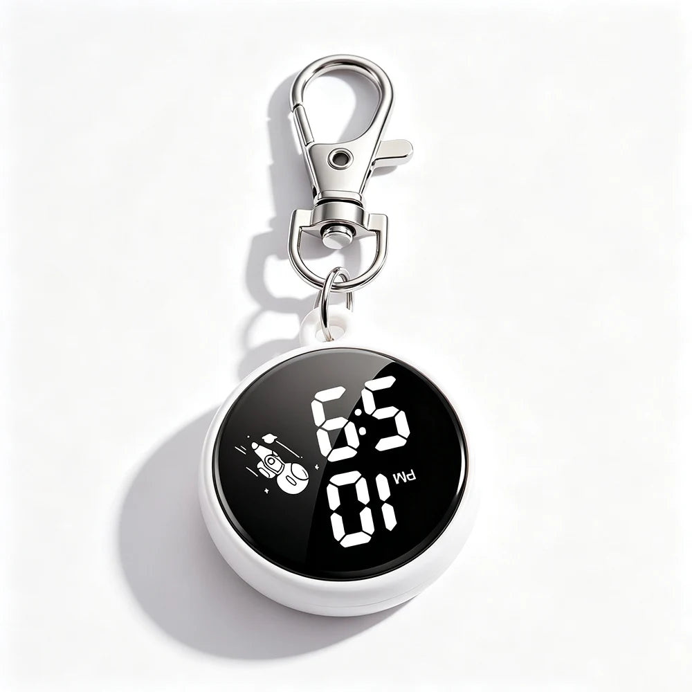New Silent Digital Exam Keychain Watches for Kids Portable Round Hanging Backpack Large Screen Pocket Watch for Student Girls