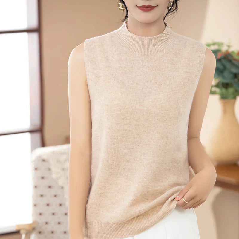 2025 New Spring and Summer 100% Merino Wool Sleeveless Mock Neck Pullover Women's Solid Color Sweater Women's Clothes