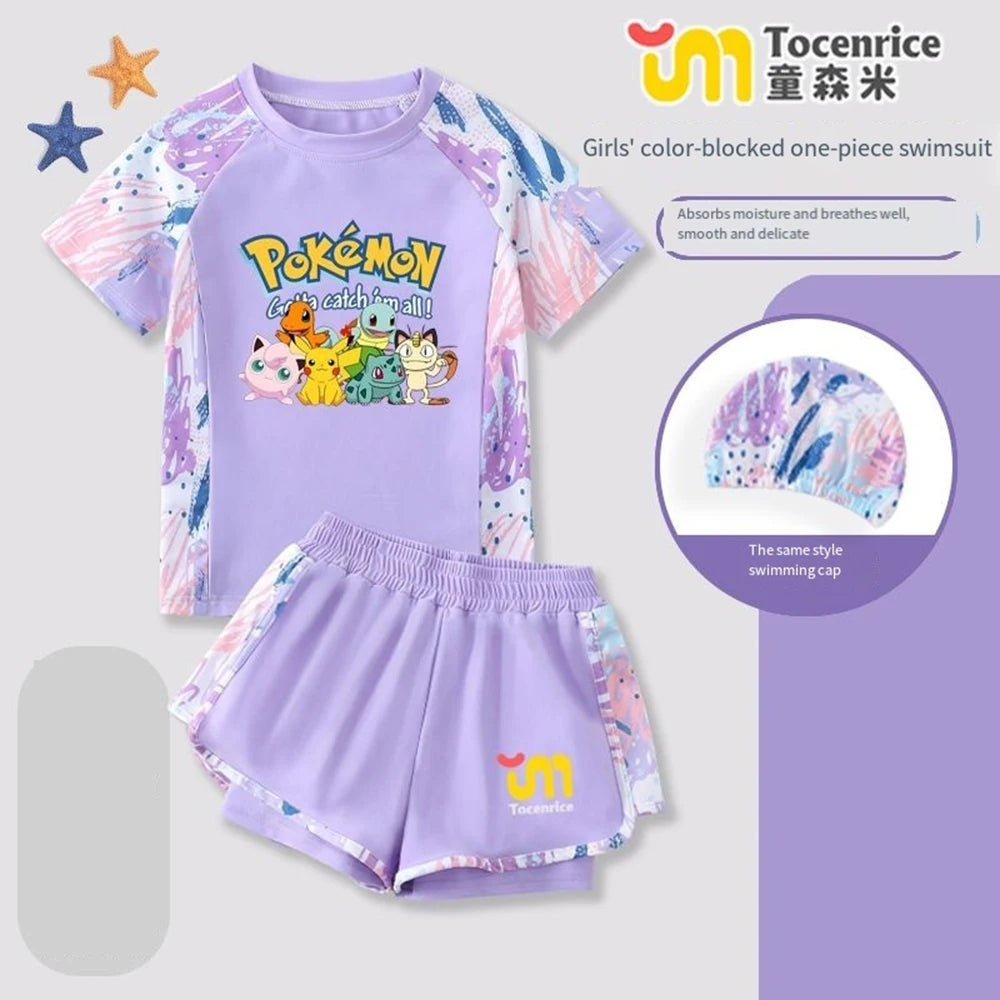 Pokemon Pikachu Girls 2 Piece Swimsuit Set Quick Dry Rash Guard Kids Cartoon Beach Bathing Suit Summer Children Swimwear Outfit