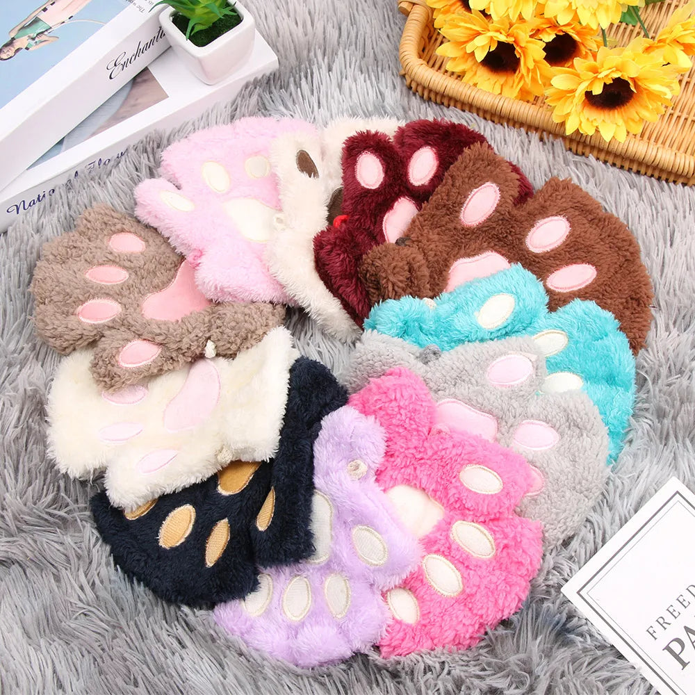 Children Cat Gloves Fashion Boys Girls Cat Claw Paw  Mittens Warm Soft  Short Fingerless Half Finger Winter Gloves