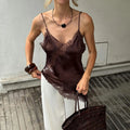 Combhasaki Women Floral Lace Trim Satin High Low Vest Silk Spaghetti Strap Side Split Asymmetrical Cami Flowy Silky Layering Top