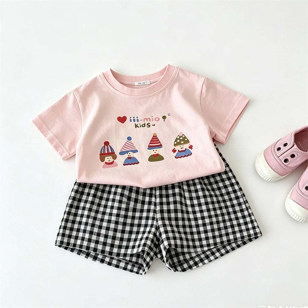 Pink Tshirts Black Shorts 2pcs Girls Printed T-shirt Versatile Shorts Lovely Tees Plaid Shorts Toddler New 2026 Summer Clothes