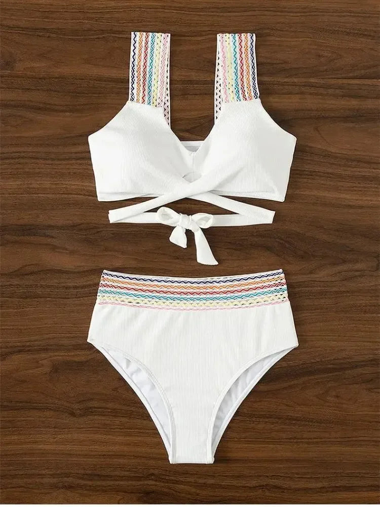 New Sexy Cross Wrap Ribbed Bikinis 2024 Women Swimwear Female Swimsuit Two Piece White High Waist Bikini Set Bather Bathing Suit