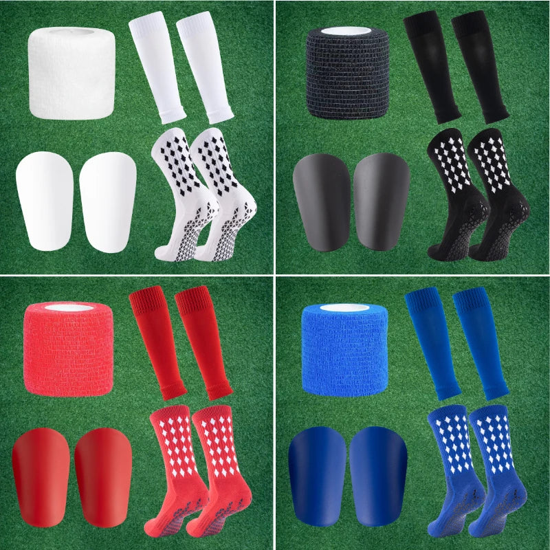 4 in 1 Soccer Equipment Set Anti Slip Socks Shin Pads Leg Sleeves Tape for Football Training Men Kids