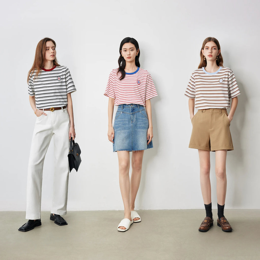 TOYOUTH Women T Shirts 2026 Summer New Striped Short Sleeve Age Reducing College Style Crew Neck Tops