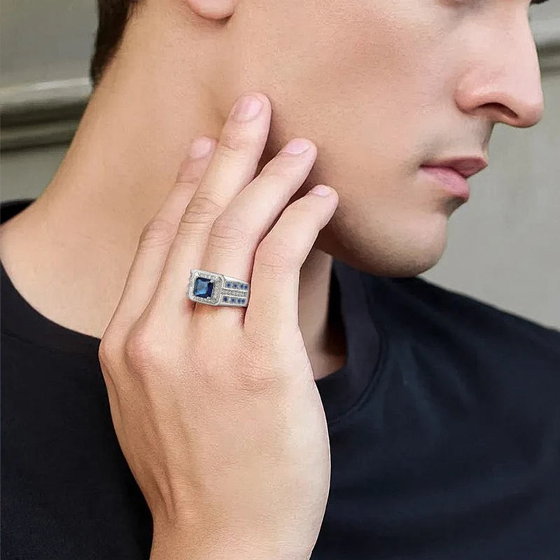 European - American Fashion New Men's Jewelry Inlaid Blue Square Stone Grand Luxury Men's Ring Wholesale Size 7-13