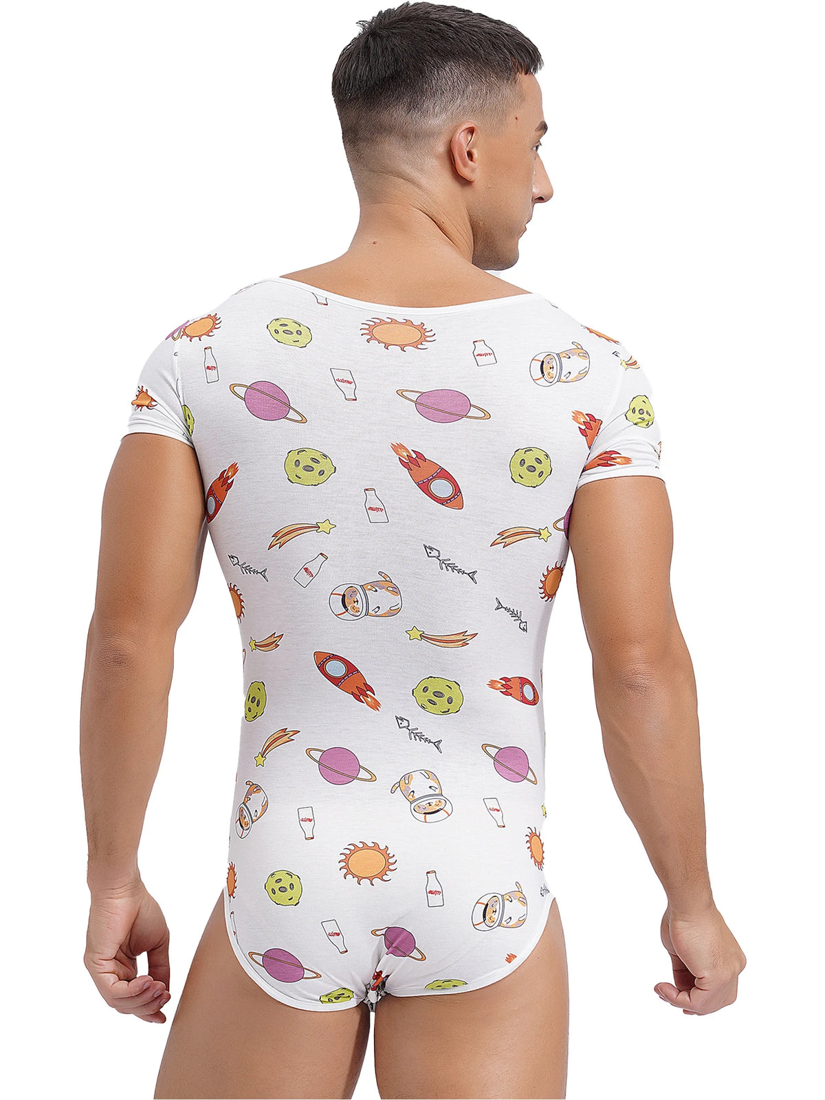 Mens Pajamas Bodysuit Sleepwear Cute Cartoon Print Short Sleeve Leotard Buttoned Crotch Diaper Rompers Pajama Swim Bathing Suit
