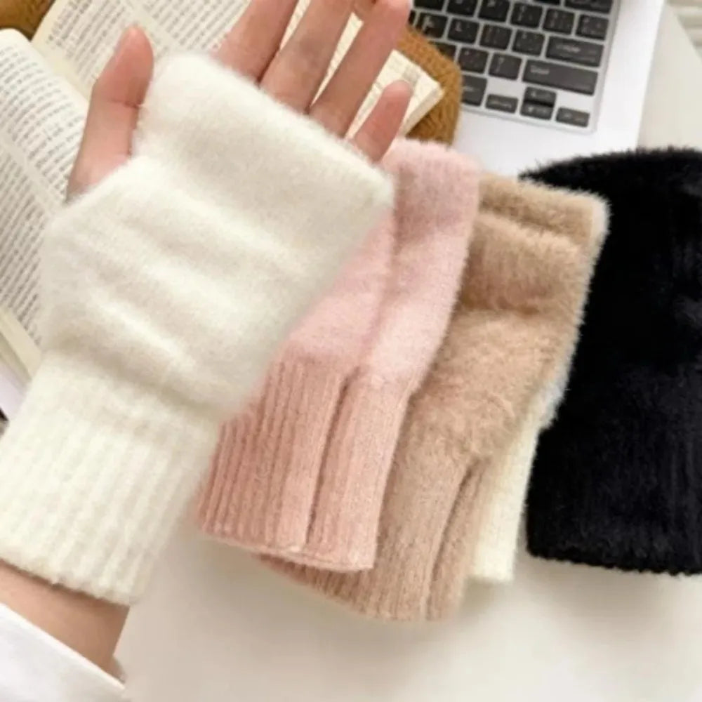 1Pair Warm and Cold-proof Half-finger Gloves for Women in Autumn and Winter, Versatile and Plush, Cute Office Half-finger Gloves