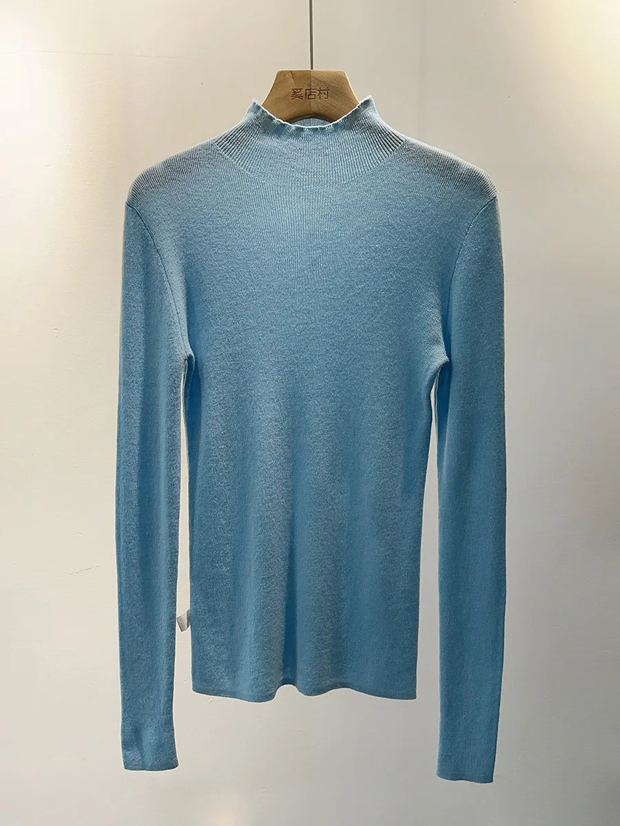 BirdTree, 100% Wool Slim Thin Sweater, Women Long Sleeve Mock Neck, Seamless Bottom High Elastic Top, 2025 Winter Fall T46985QM