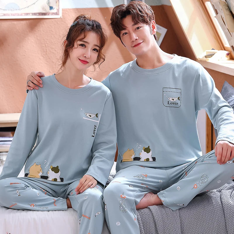 Cartoon Cute Pajamas Set For Women Men Cotton Couples Homewear Autumn Spring Long Sleep Tops Pant Nightwear Mujer hombre