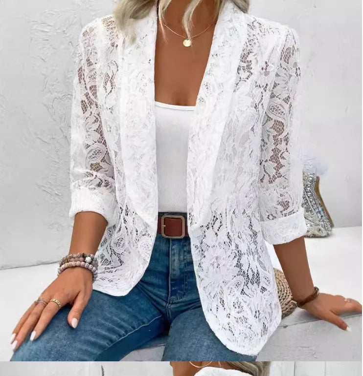 White Classic Lace Blouse Shirt Women's Elegant Lightweight Coat Summer Spring Autumn Tops