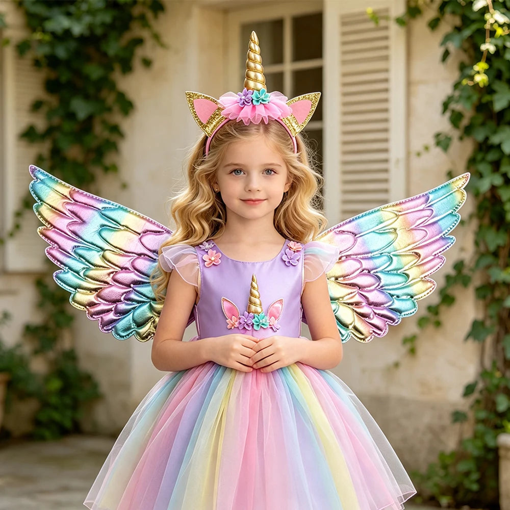 Kids Clothes Summer Girls Dress Short Sleeves Rainbow Princess Dress For Children Baby Birthday Party Clothing Unicorn 3-8years