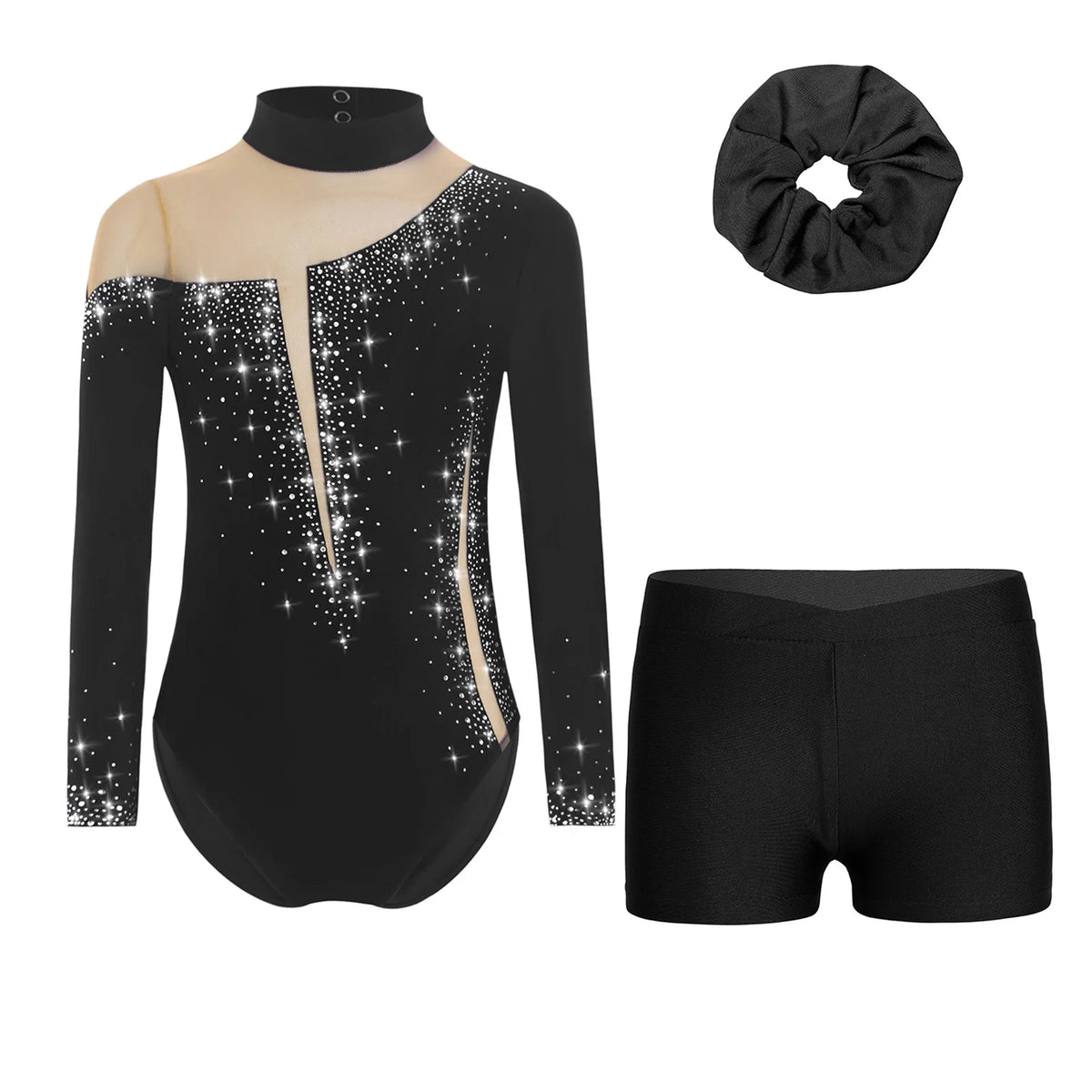 Kids Girls Ballet Dance Leotard With Body Shorts Hair Band Long Sleeve Workout Outfits Gymnastics Jersey Bodysuit Clothes