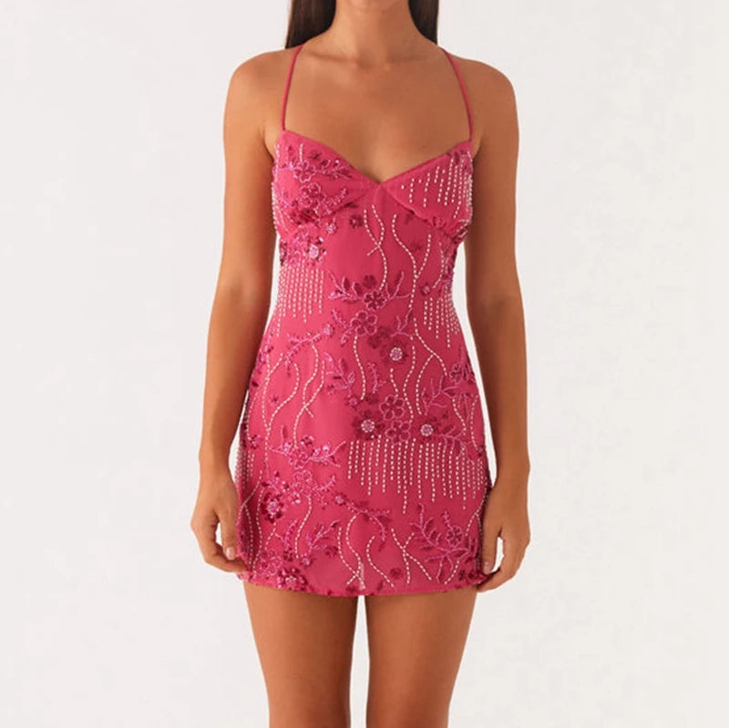 2025 Sequin Beaded Cami Mini Dress Sexy Front V Neckline Sleeveless Short Dresses for Women Backless Criss Cross Straps Dress