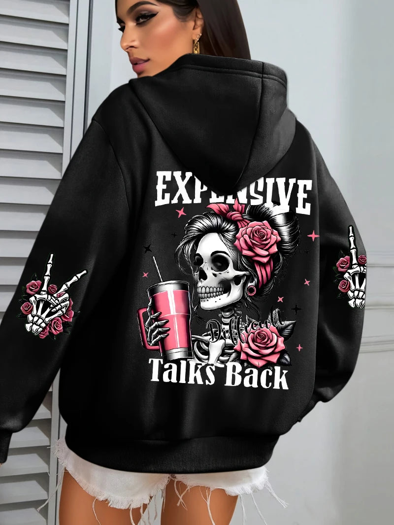Expensive Talks Back Funny Printing Womens Plus Size Hoodie Multicolor Pullovers Fleece Autumn Sportswear Casual Pocket Hoody