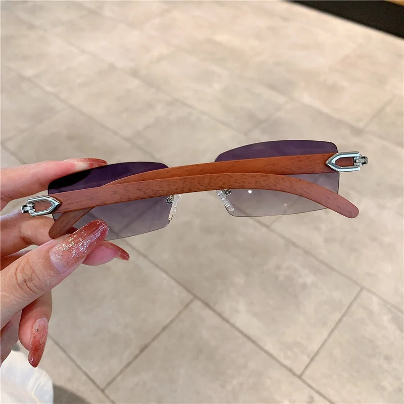 Rimless Sunglasses For Men Women Wooden Designer Luxury Brand Retro Sun Glasses Fashion Shades UV400 Travel Outdoor