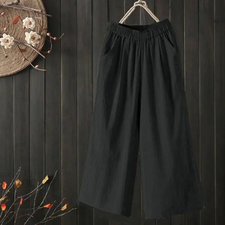Pure Cotton Wide Leg Pants Women's Summer Loose Mom Large Size Cotton Nine Points Casual Pants High Waist Straight Cut Trousers