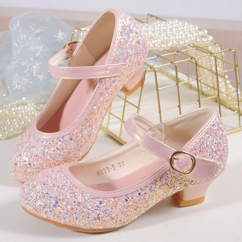 2025 New Children High Heels Red White Pink Sliver Girls Sequin Princess Shoe Four Seasons Students Dance Performance Show Shoes