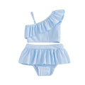  1-5Y Toddler Girls 2pcs Bikini Sets Kids Striped One Shoulder Asymmetric Swimsuit Ruffled Swimwear Summer Beach Bathing Suit