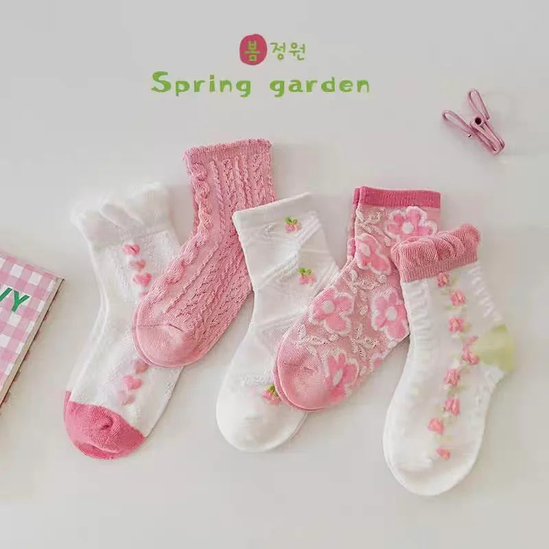 5 Pairs Kids Pink Socks Set Summer Floral Design Comfortable Half Socks Sweet Princess Child Girls Fashion Footwear