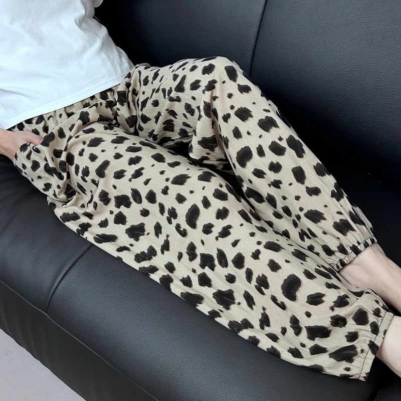 Cool Summer New Silk Cotton Spwear Loose Women's Wide Leg Pants Home Wear Floral Print Heat Resistant Comfortable Casual T...